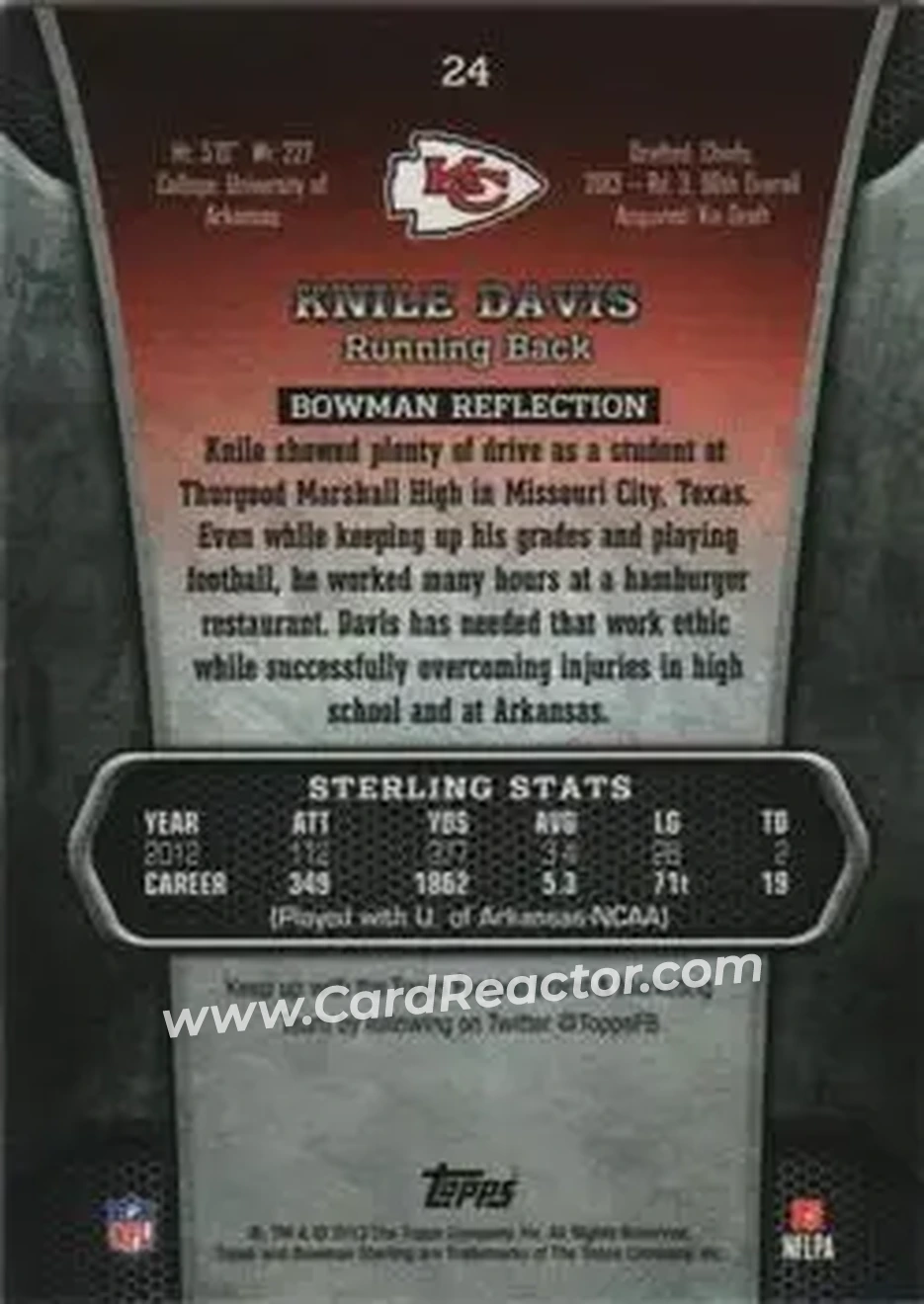 2013 Bowman Sterling #24 - Knile Davis - Kansas City Chiefs - Back 2013 Bowman Sterling #24 - Knile Davis - Kansas City Chiefs - Back