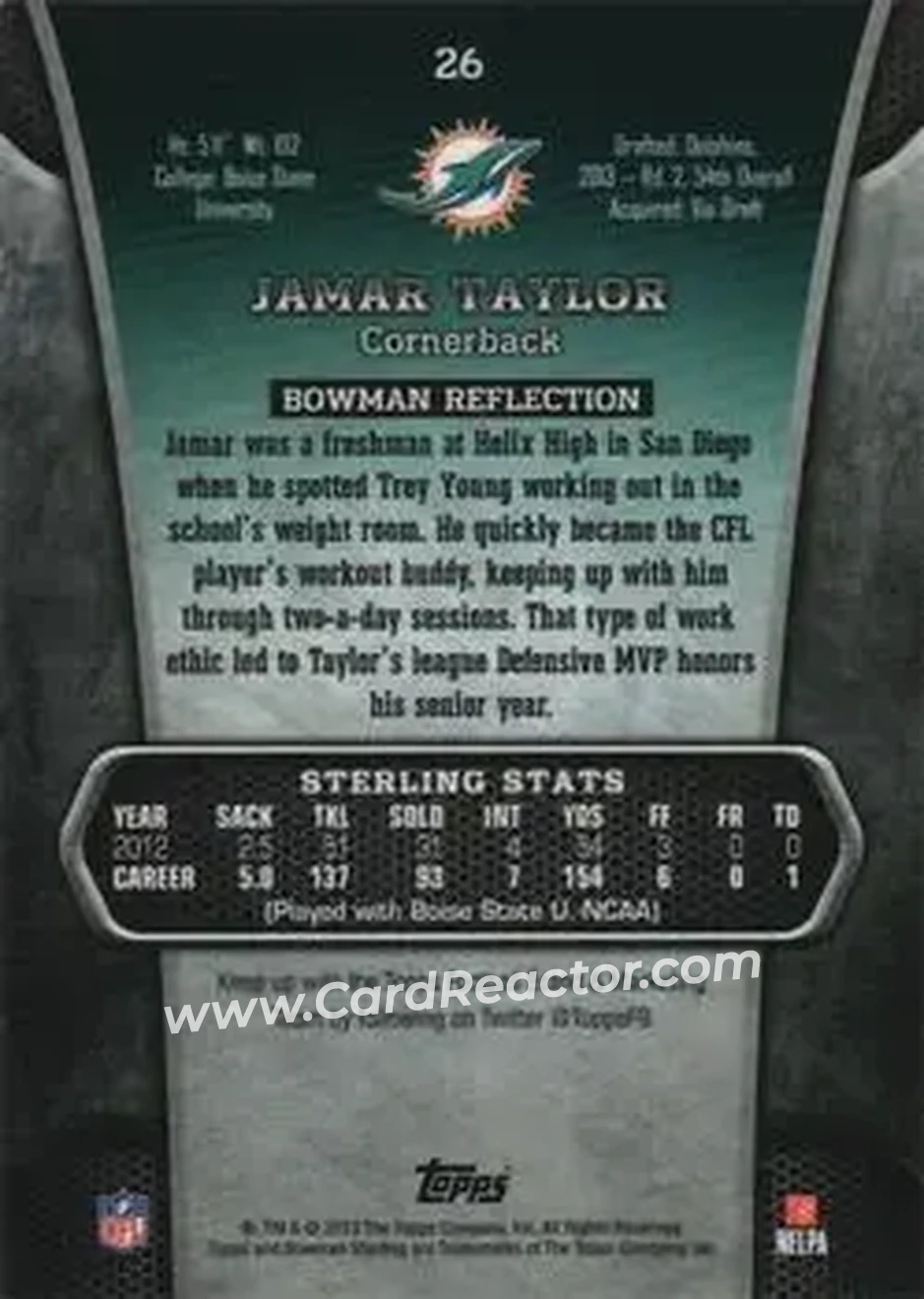 2013 Bowman Sterling #26 - Jamar Taylor - Miami Dolphins - Back