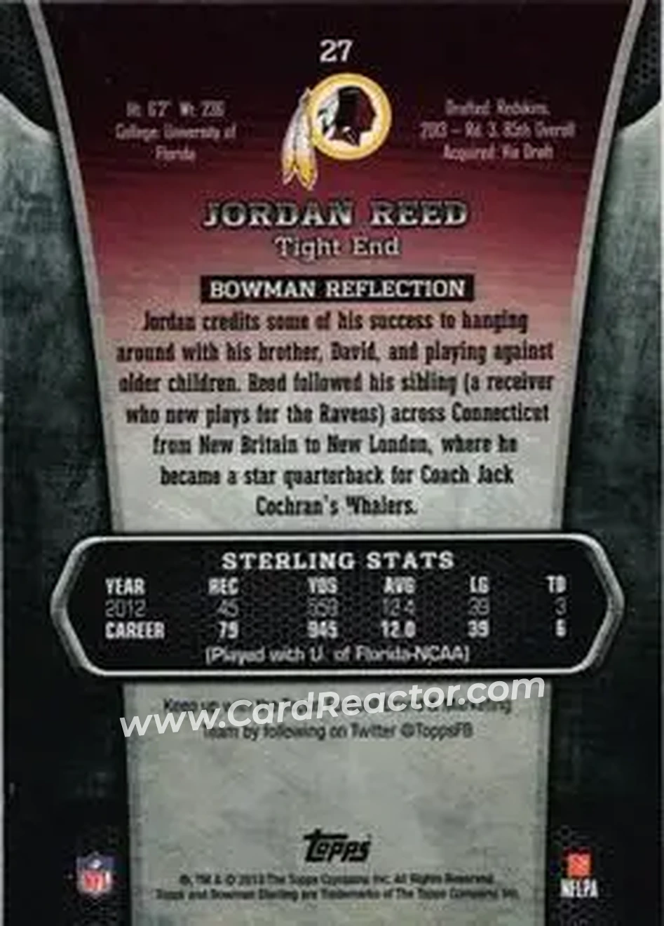 2013 Bowman Sterling #27 - Jordan Reed - Washington Redskins - Back