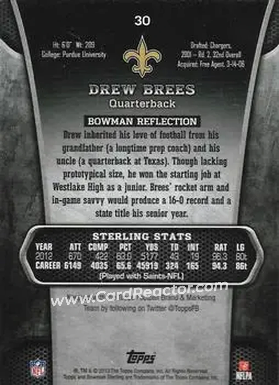 2013 Bowman Sterling #30 - Drew Brees - New Orleans Saints - Back 2013 Bowman Sterling #30 - Drew Brees - New Orleans Saints - Back