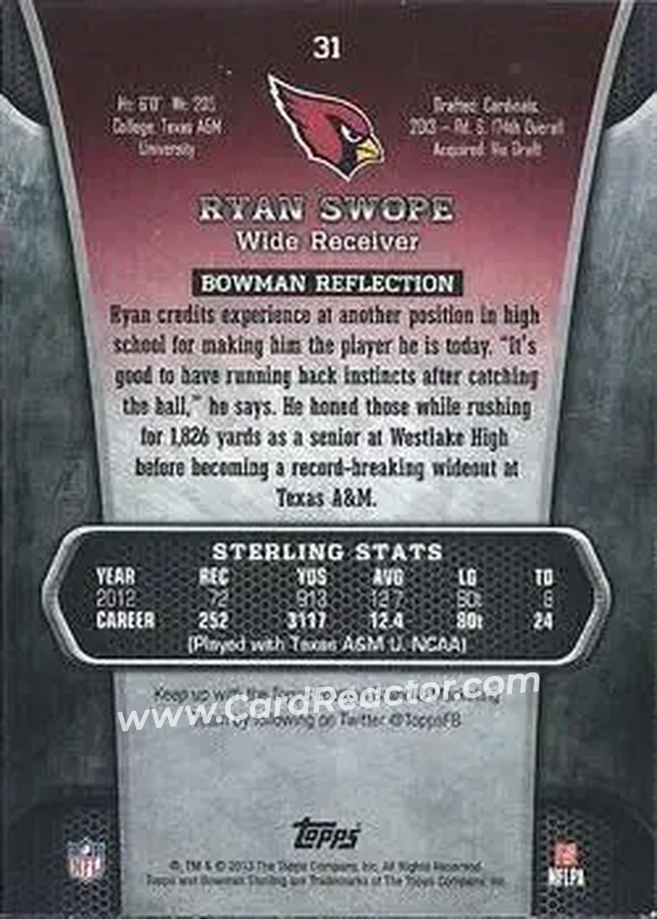 2013 Bowman Sterling #31 - Ryan Swope - Arizona Cardinals - Back