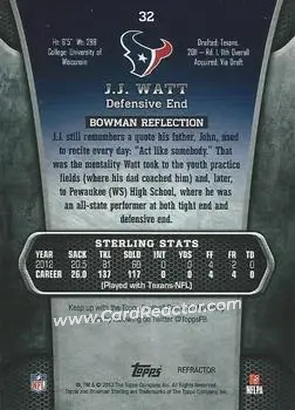 2013 Bowman Sterling #32 - J.J. Watt - Houston Texans - Back