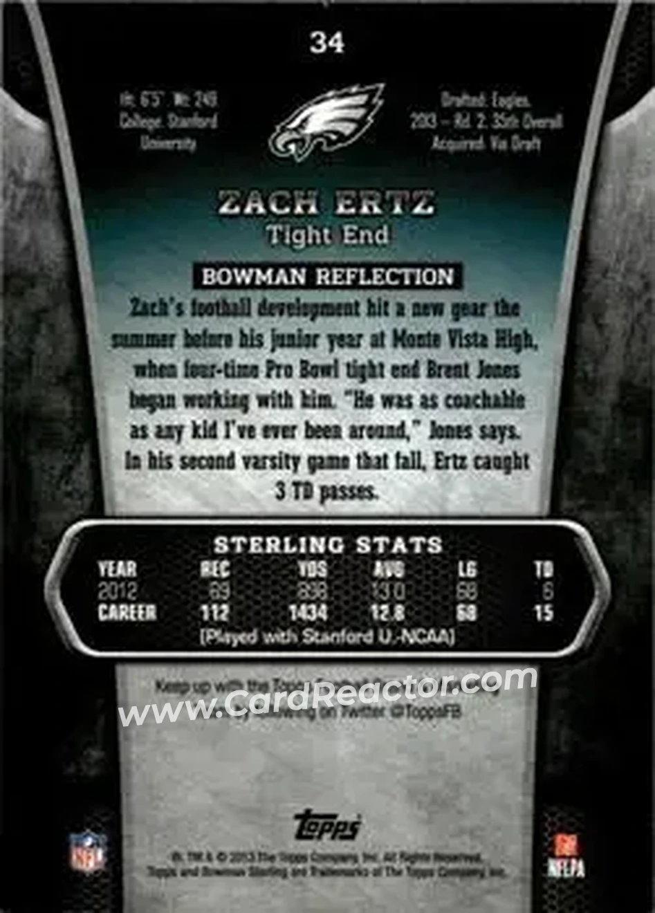 2013 Bowman Sterling #34 - Zach Ertz - Philadelphia Eagles - Back