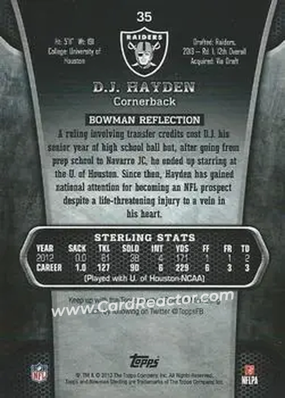 2013 Bowman Sterling #35 - D.J. Hayden - Oakland Raiders - Back