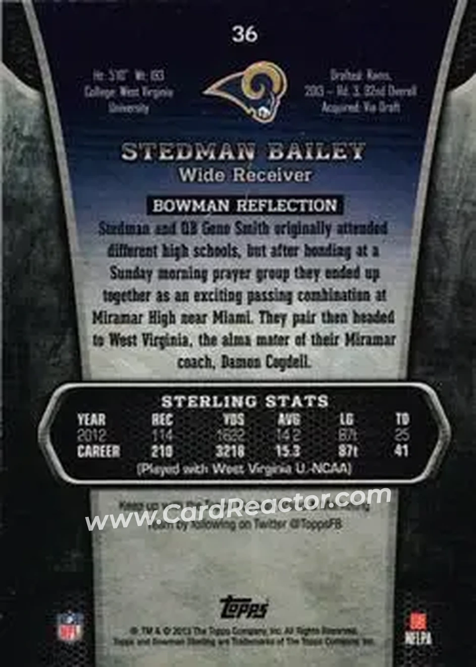 2013 Bowman Sterling #36 - Stedman Bailey - St. Louis Rams - Back