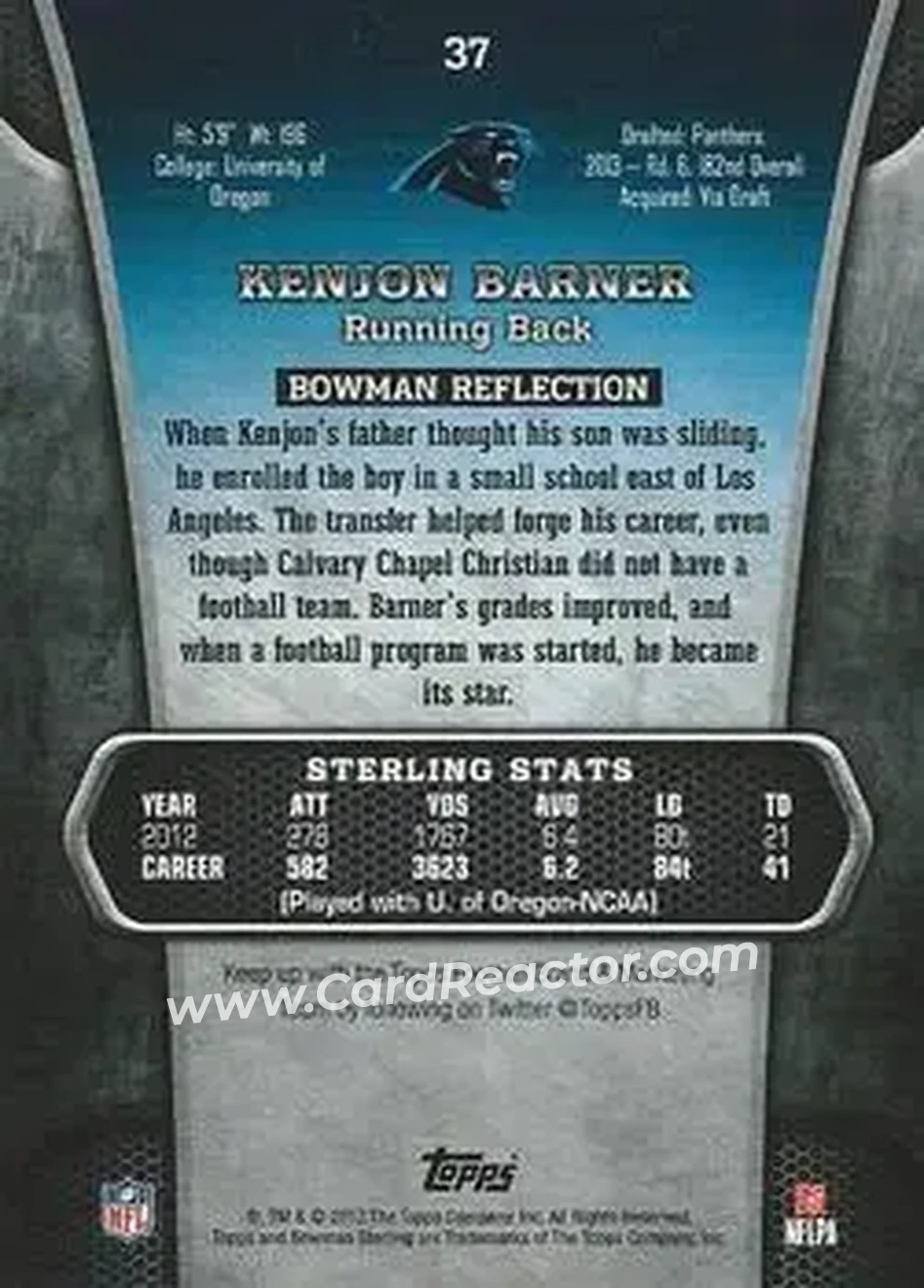 2013 Bowman Sterling #37 - Kenjon Barner - Carolina Panthers - Back 2013 Bowman Sterling #37 - Kenjon Barner - Carolina Panthers - Back