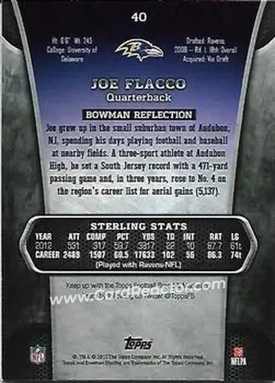 2013 Bowman Sterling #40 - Joe Flacco - Baltimore Ravens - Back