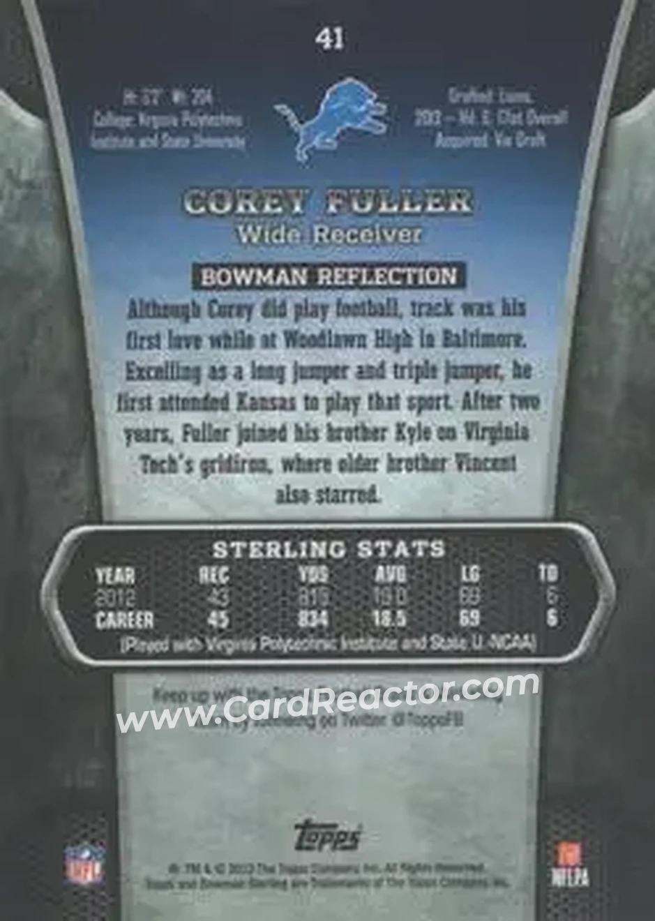 2013 Bowman Sterling #41 - Corey Fuller - Detroit Lions - Back