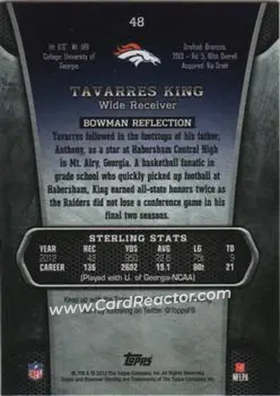 2013 Bowman Sterling #48 - Tavarres King - Denver Broncos - Back 2013 Bowman Sterling #48 - Tavarres King - Denver Broncos - Back