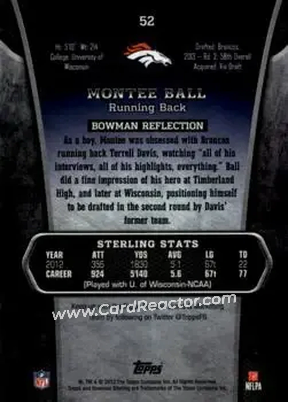 2013 Bowman Sterling #52 - Montee Ball - Denver Broncos - Back 2013 Bowman Sterling #52 - Montee Ball - Denver Broncos - Back
