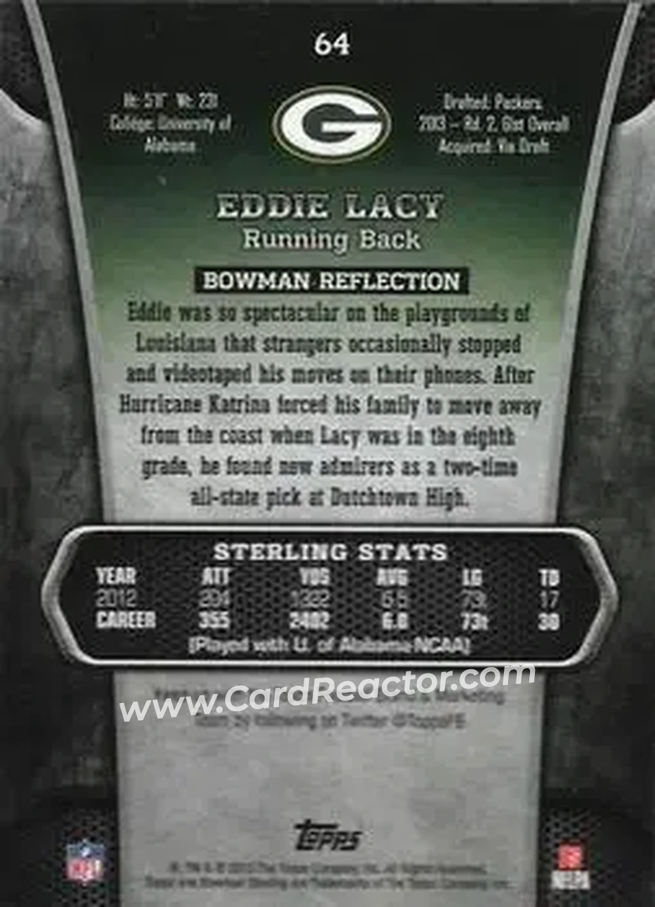 2013 Bowman Sterling #64 - Eddie Lacy - Green Bay Packers - Back 2013 Bowman Sterling #64 - Eddie Lacy - Green Bay Packers - Back