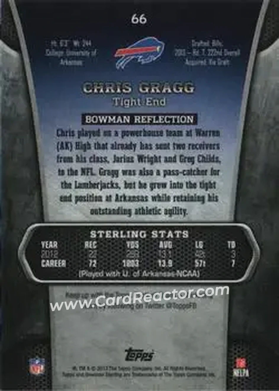 2013 Bowman Sterling #66 - Chris Gragg - Buffalo Bills - Back
