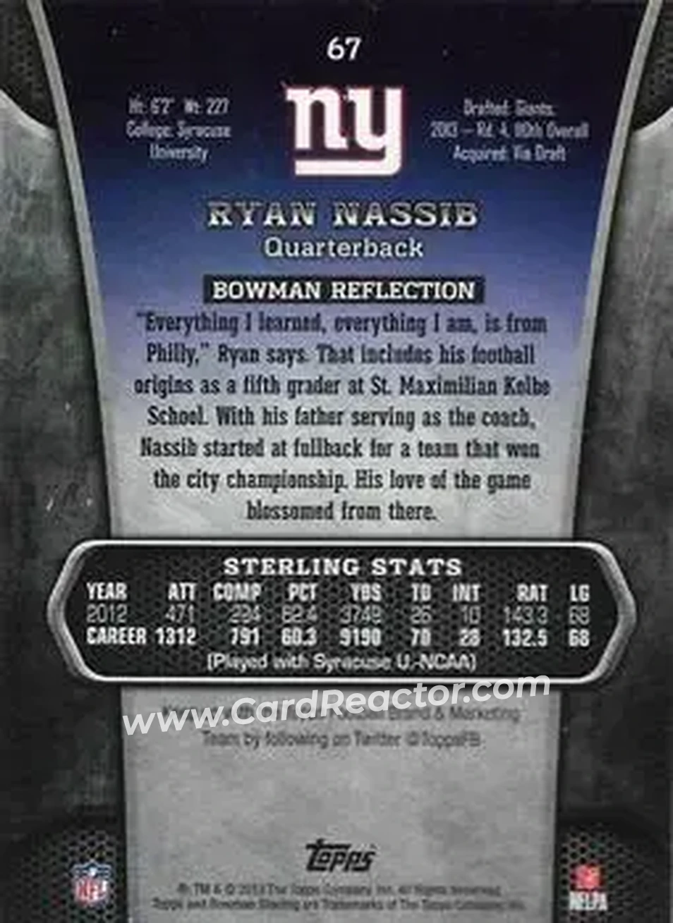 2013 Bowman Sterling #67 - Ryan Nassib - New York Giants - Back 2013 Bowman Sterling #67 - Ryan Nassib - New York Giants - Back