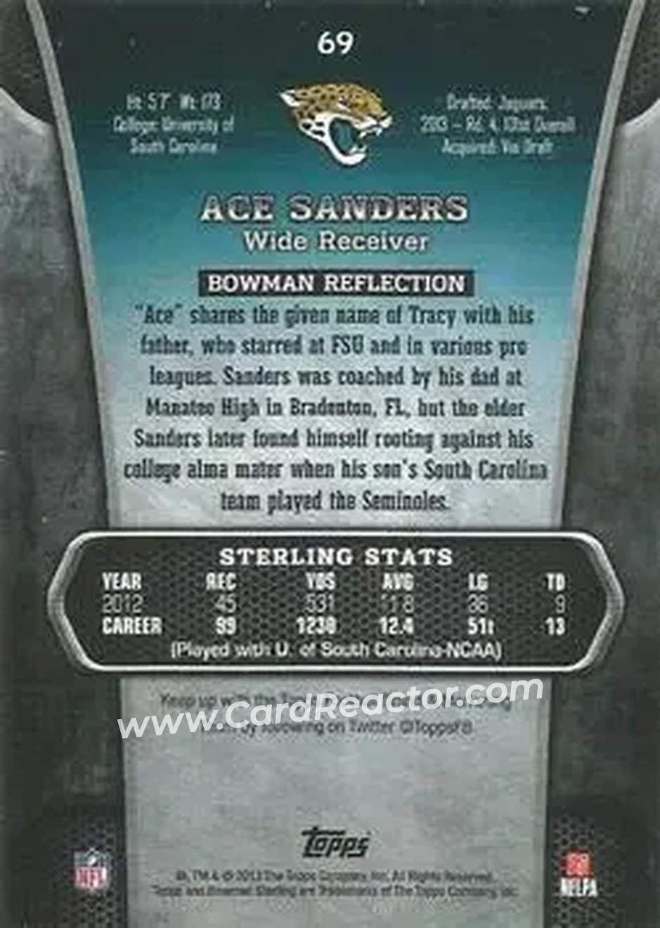 2013 Bowman Sterling #69 - Ace Sanders - Jacksonville Jaguars - Back