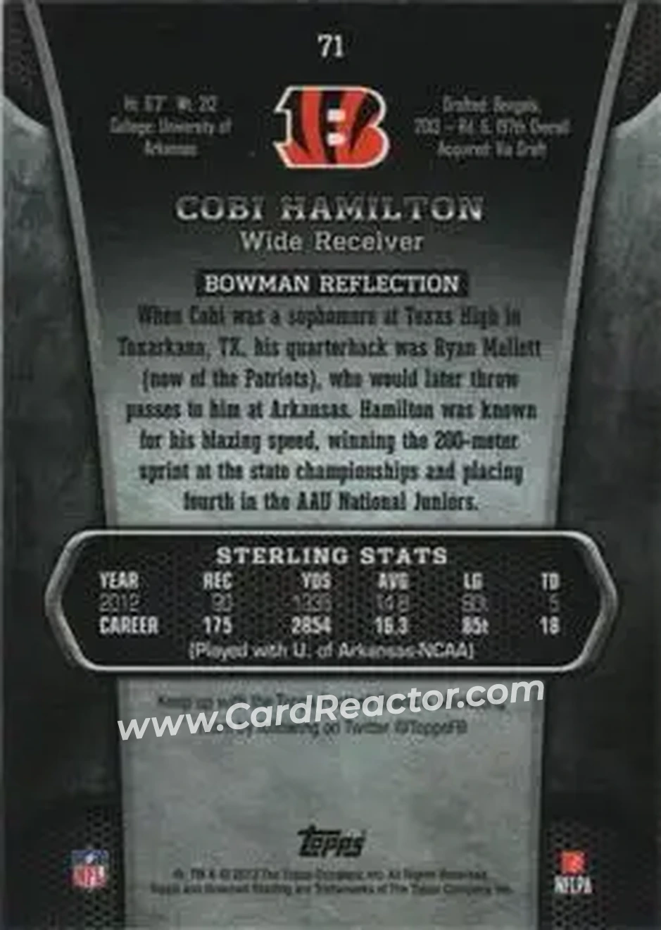 2013 Bowman Sterling #71 - Cobi Hamilton - Cincinnati Bengals - Back