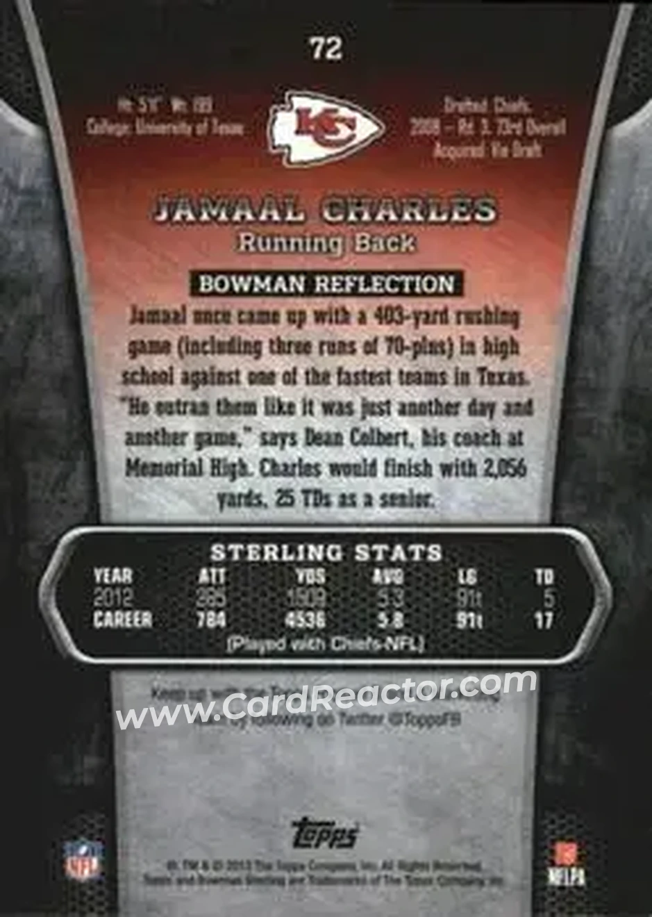 2013 Bowman Sterling #72 - Jamaal Charles - Kansas City Chiefs - Back