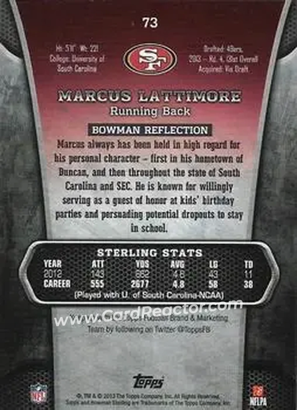 2013 Bowman Sterling #73 - Marcus Lattimore - San Francisco 49ers - Back