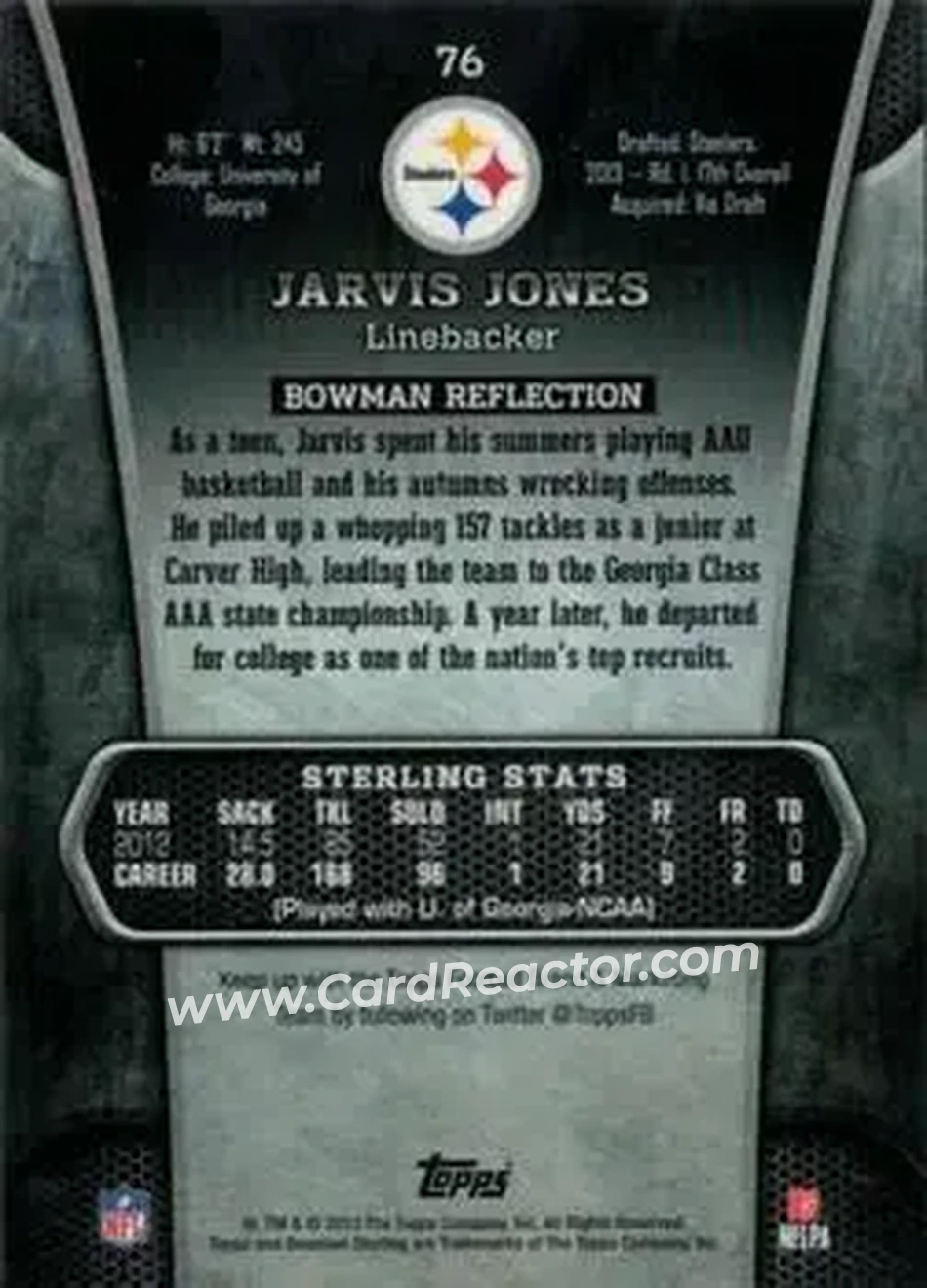 2013 Bowman Sterling #76 - Jarvis Jones - Pittsburgh Steelers - Back 2013 Bowman Sterling #76 - Jarvis Jones - Pittsburgh Steelers - Back