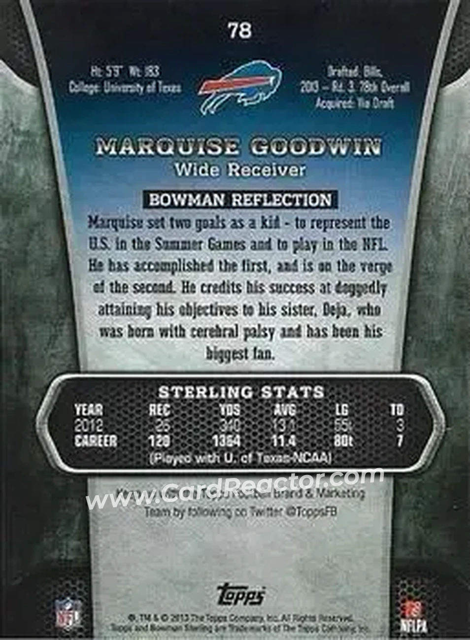 2013 Bowman Sterling #78 - Marquise Goodwin - Buffalo Bills - Back 2013 Bowman Sterling #78 - Marquise Goodwin - Buffalo Bills - Back