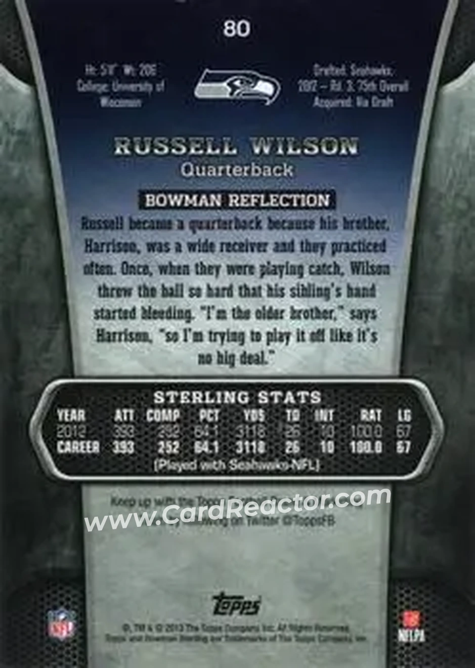 2013 Bowman Sterling #80 - Russell Wilson - Seattle Seahawks - Back