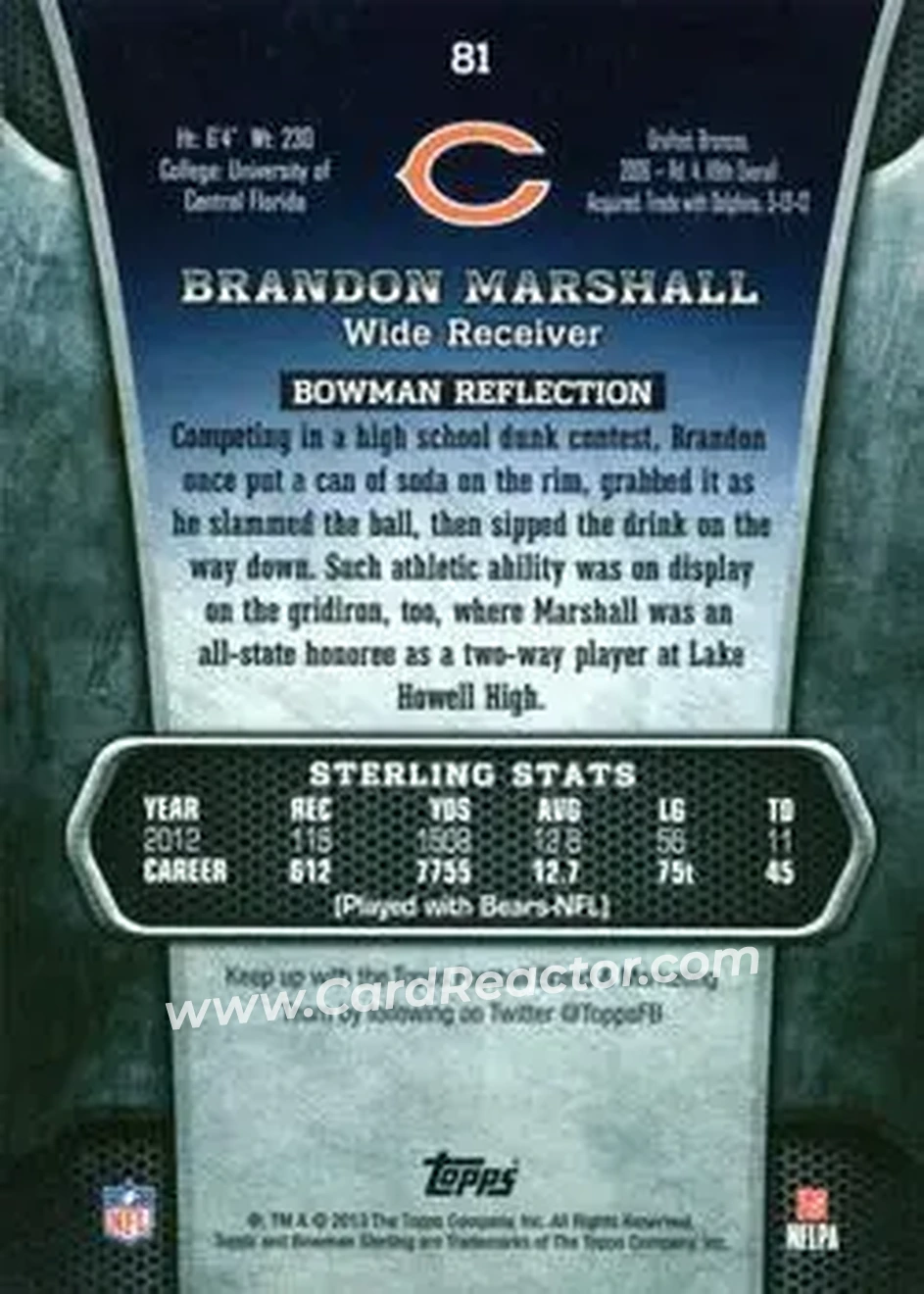 2013 Bowman Sterling #81 - Brandon Marshall - Chicago Bears - Back
