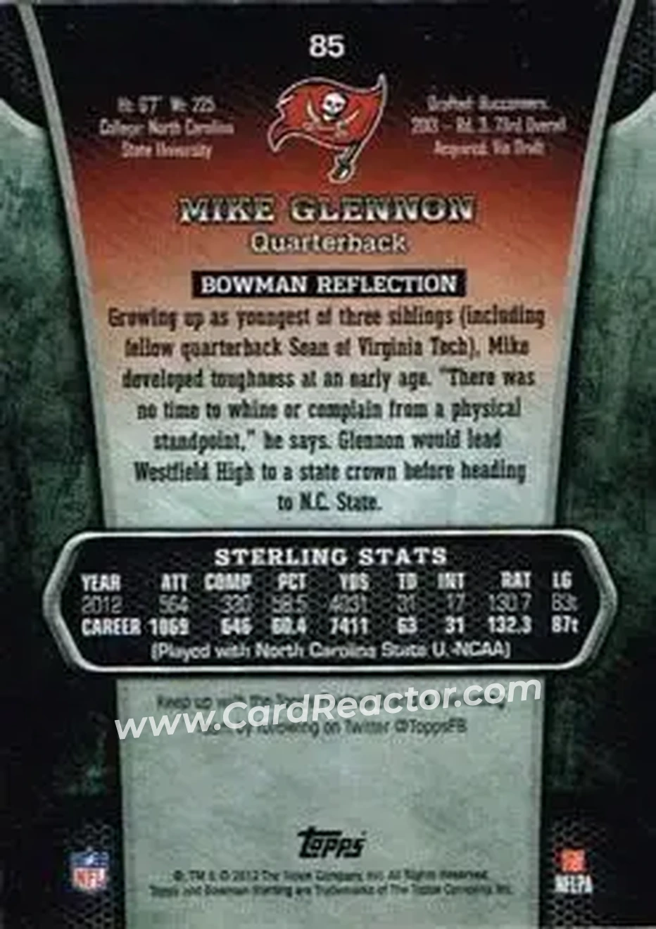 2013 Bowman Sterling #85 - Mike Glennon - Tampa Bay Buccaneers - Back 2013 Bowman Sterling #85 - Mike Glennon - Tampa Bay Buccaneers - Back