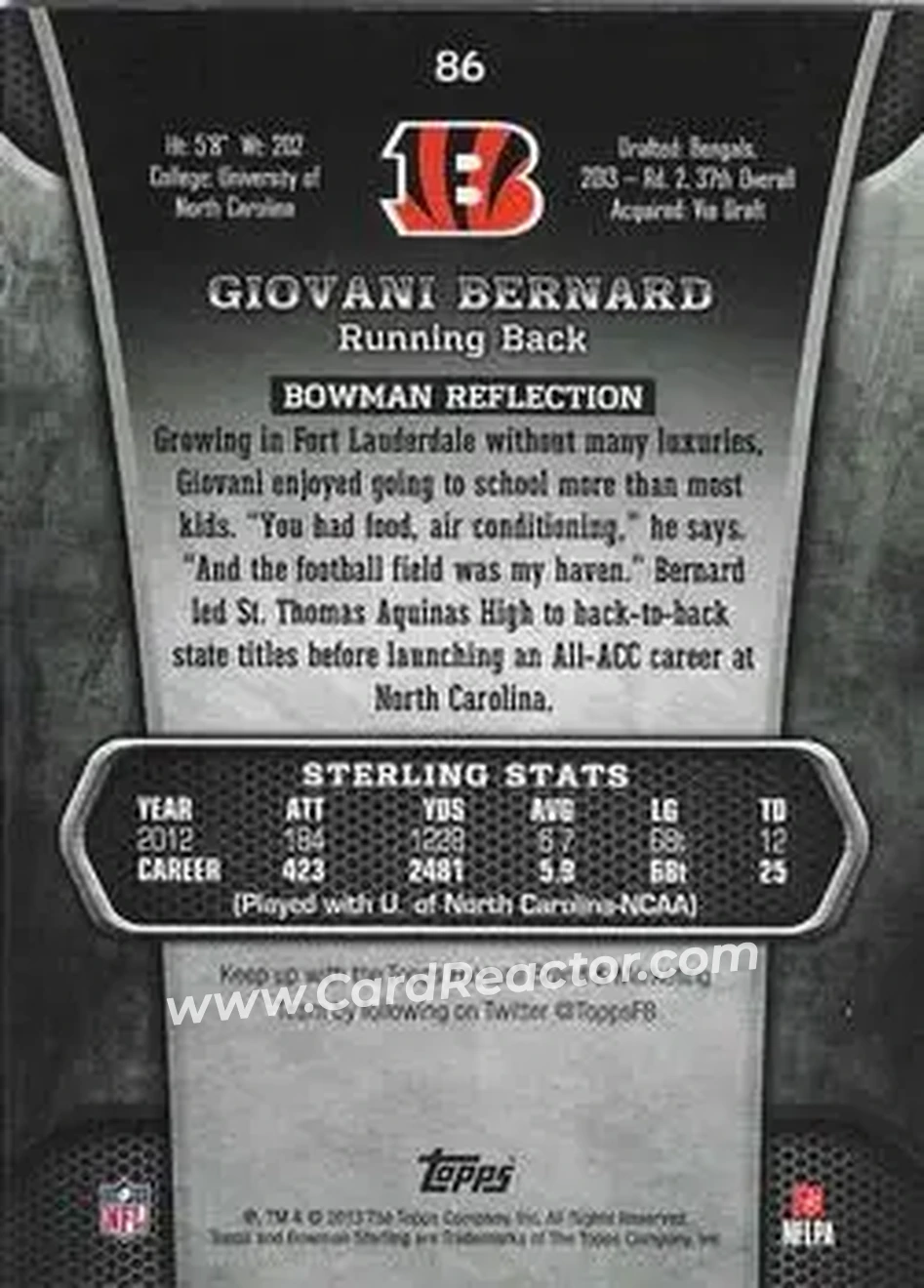 2013 Bowman Sterling #86 - Giovani Bernard - Cincinnati Bengals - Back
