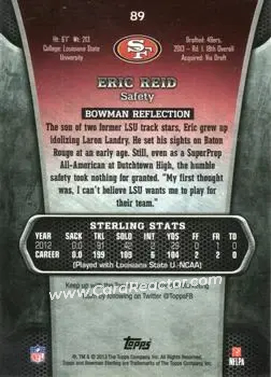 2013 Bowman Sterling #89 - Eric Reid - San Francisco 49ers - Back 2013 Bowman Sterling #89 - Eric Reid - San Francisco 49ers - Back