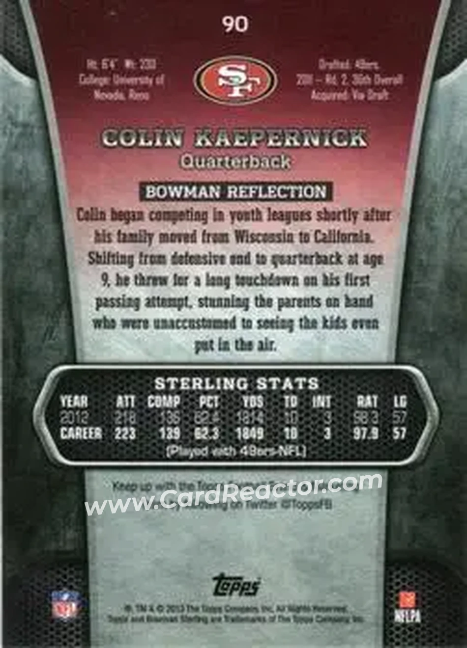 2013 Bowman Sterling #90 - Colin Kaepernick - San Francisco 49ers - Back