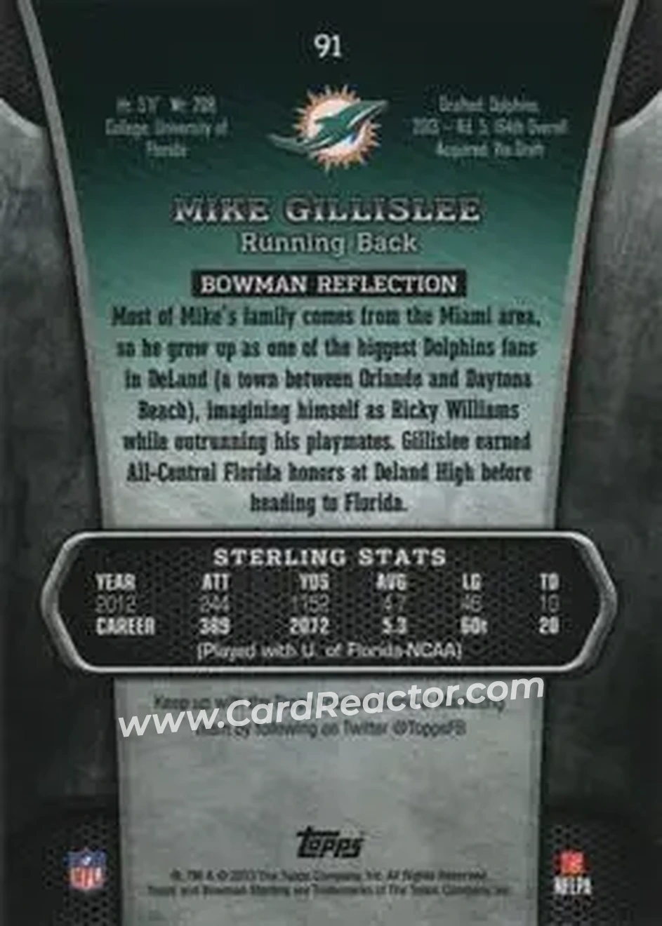 2013 Bowman Sterling #91 - Mike Gillislee - Miami Dolphins - Back 2013 Bowman Sterling #91 - Mike Gillislee - Miami Dolphins - Back