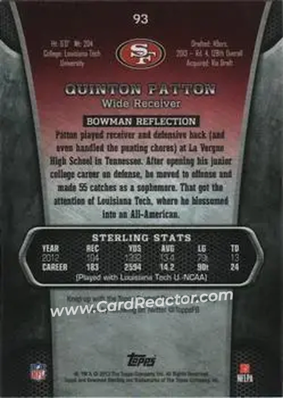 2013 Bowman Sterling #93 - Quinton Patton - San Francisco 49ers - Back