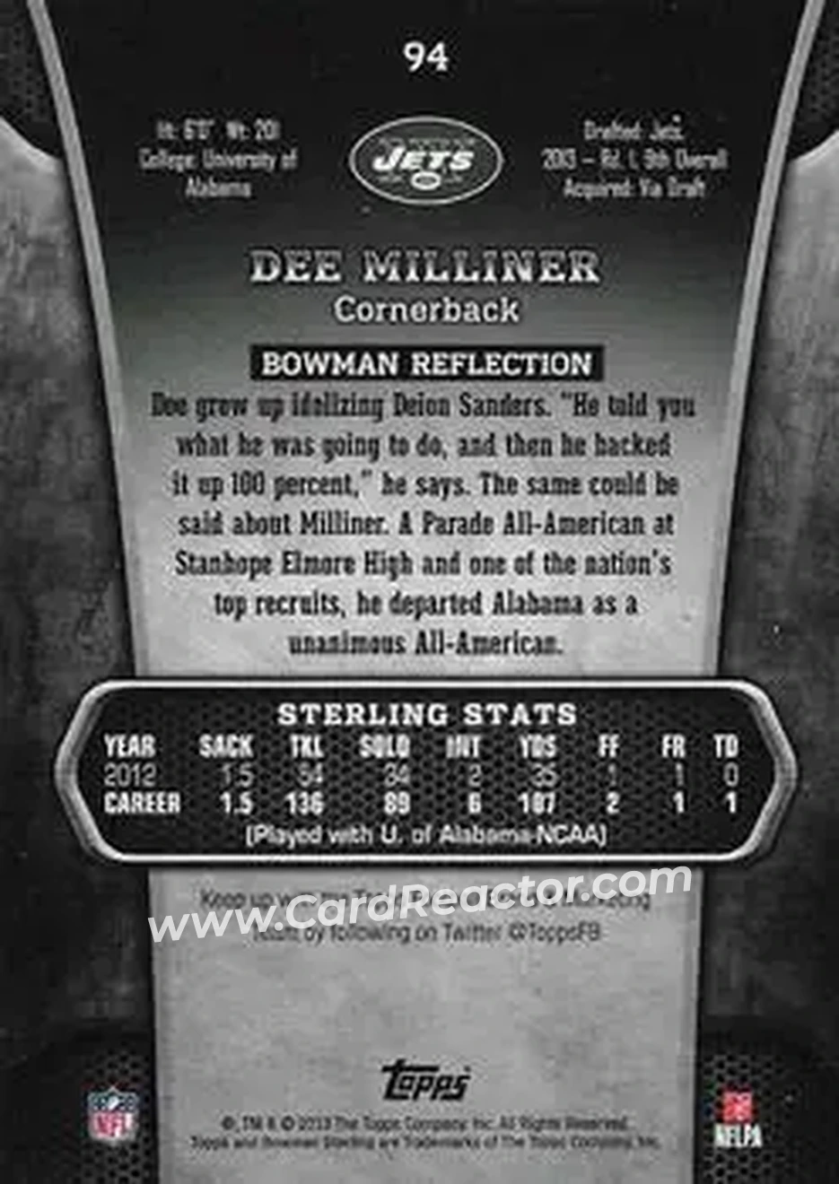 2013 Bowman Sterling #94 - Dee Milliner - New York Jets - Back