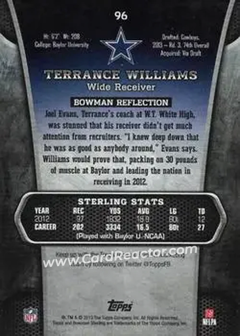 2013 Bowman Sterling #96 - Terrance Williams - Dallas Cowboys - Back