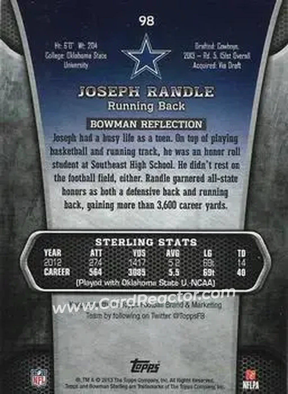 2013 Bowman Sterling #98 - Joseph Randle - Dallas Cowboys - Back 2013 Bowman Sterling #98 - Joseph Randle - Dallas Cowboys - Back
