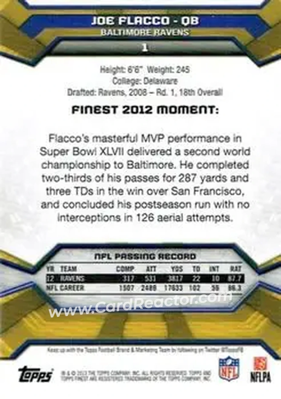 2013 Finest #1 - Joe Flacco - Baltimore Ravens - Back