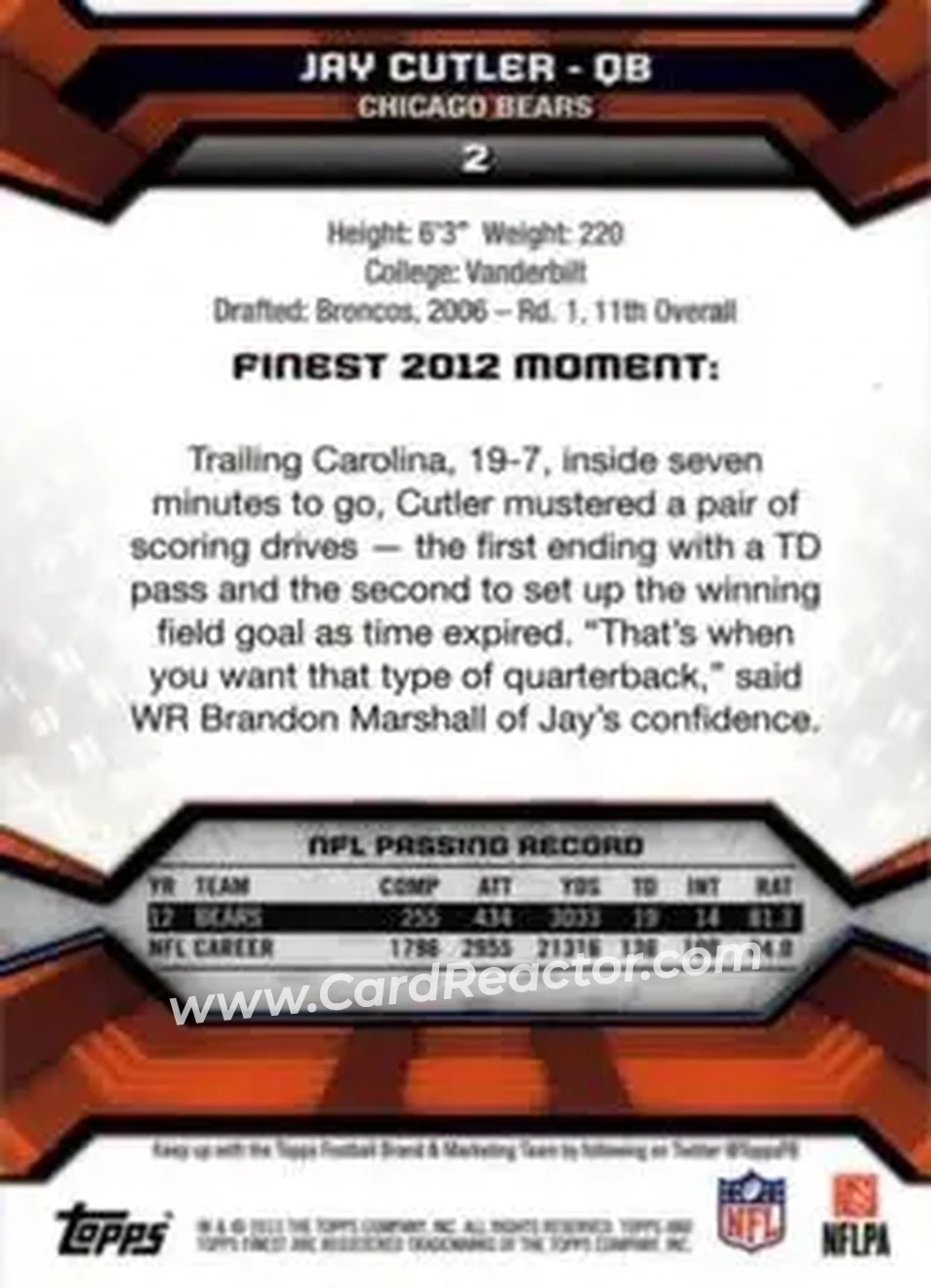 2013 Finest #2 - Jay Cutler - Chicago Bears - Back