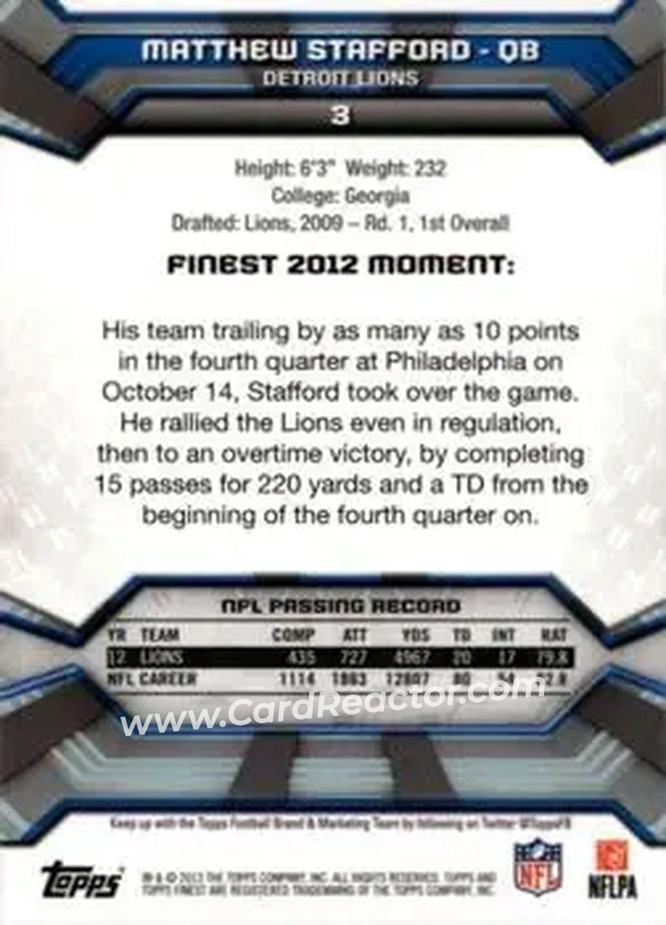 2013 Finest #3 - Matthew Stafford - Detroit Lions - Back 2013 Finest #3 - Matthew Stafford - Detroit Lions - Back