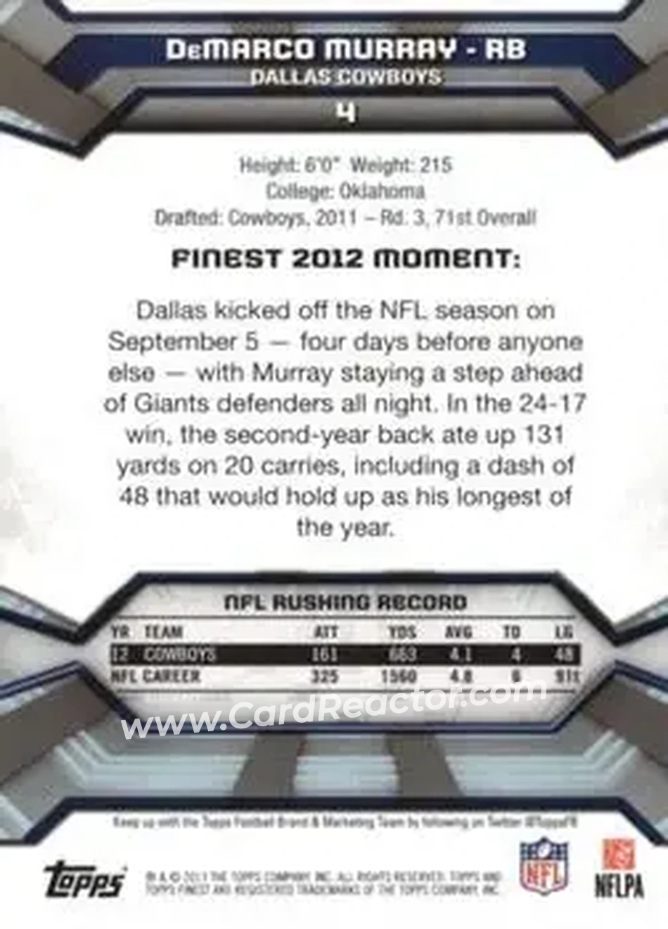 2013 Finest #4 - DeMarco Murray - Dallas Cowboys - Back
