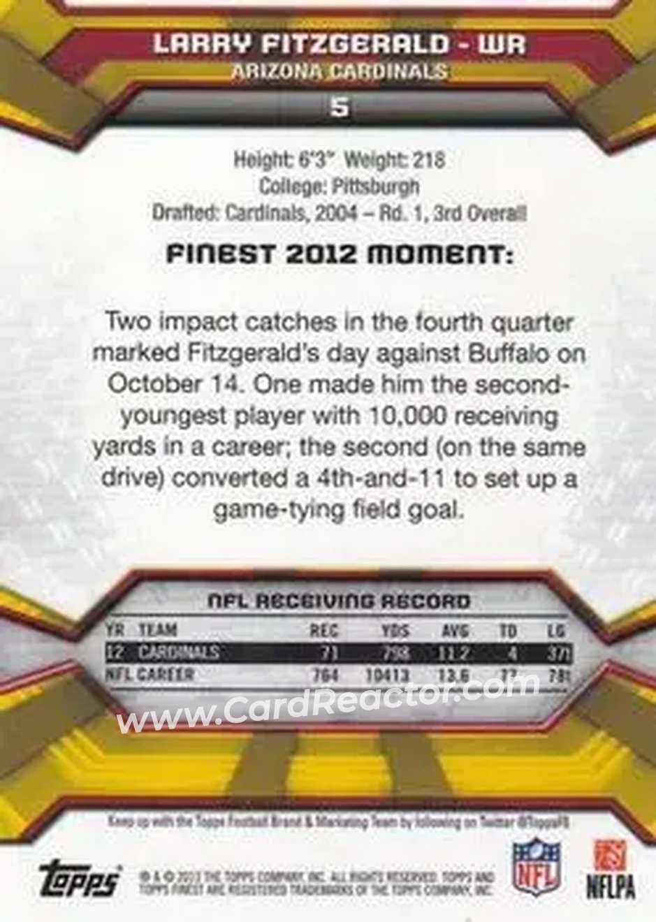 2013 Finest #5 - Larry Fitzgerald - Arizona Cardinals - Back 2013 Finest #5 - Larry Fitzgerald - Arizona Cardinals - Back