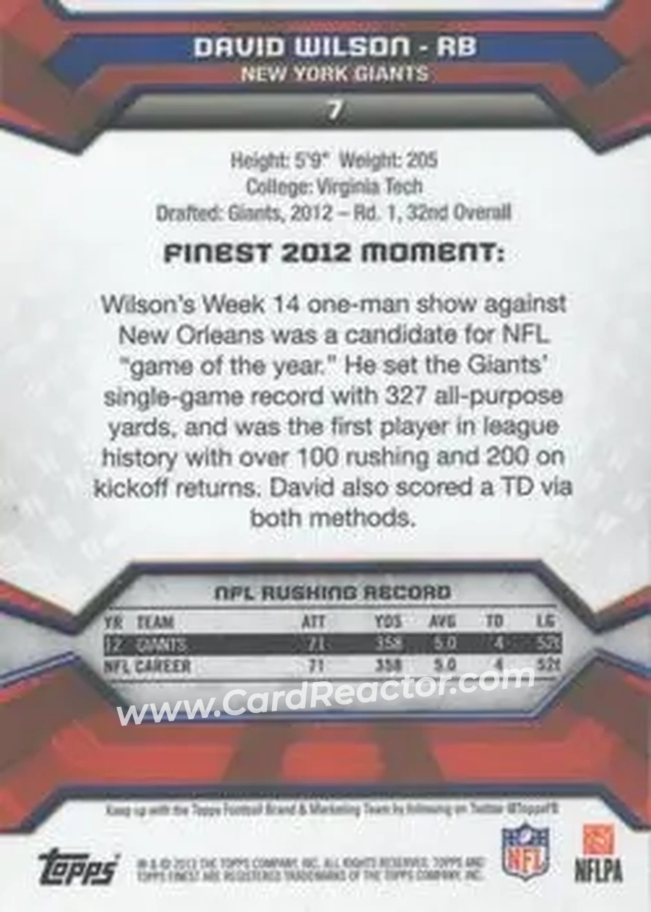 2013 Finest #7 - David Wilson - New York Giants - Back