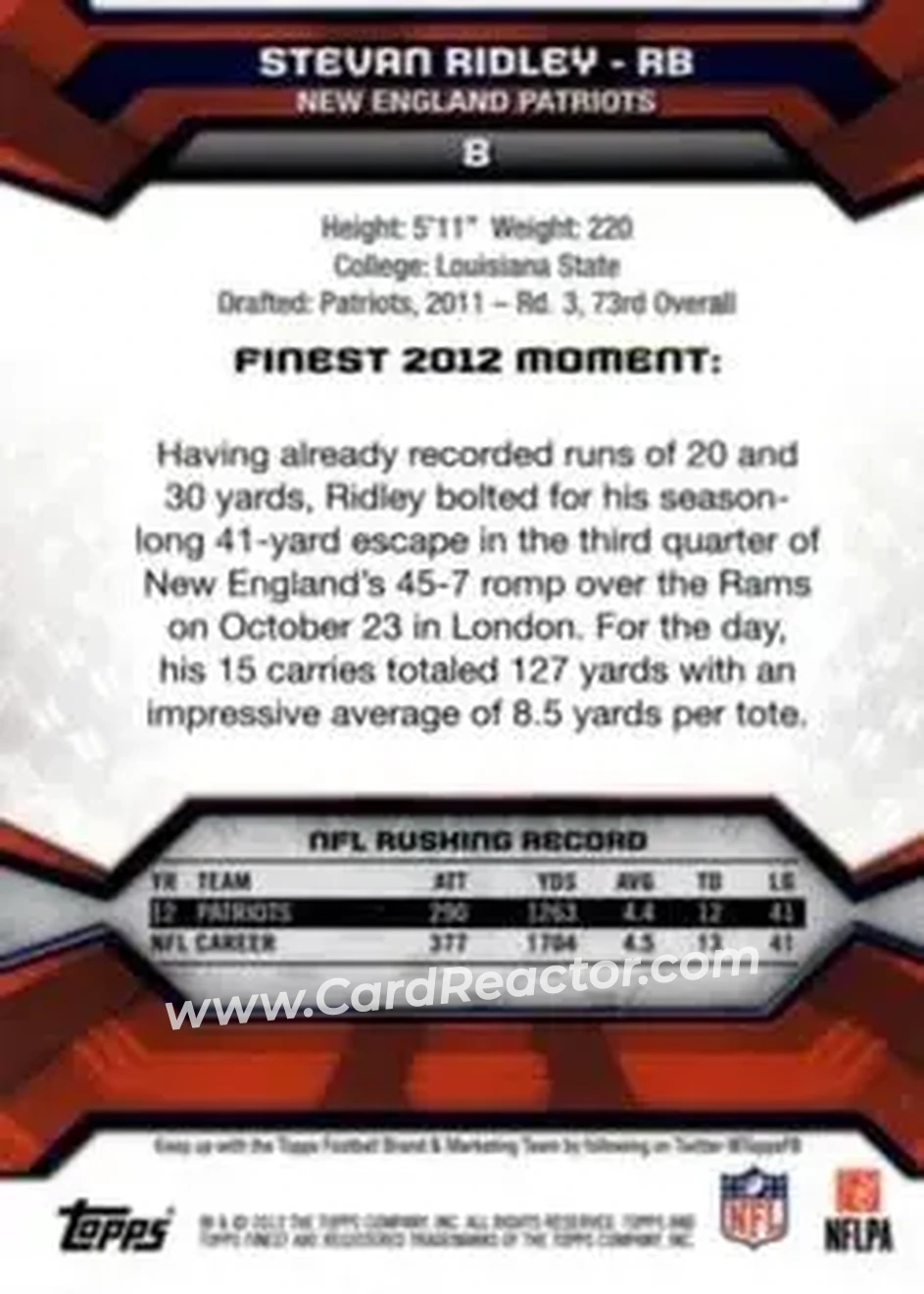 2013 Finest #8 - Stevan Ridley - New England Patriots - Back