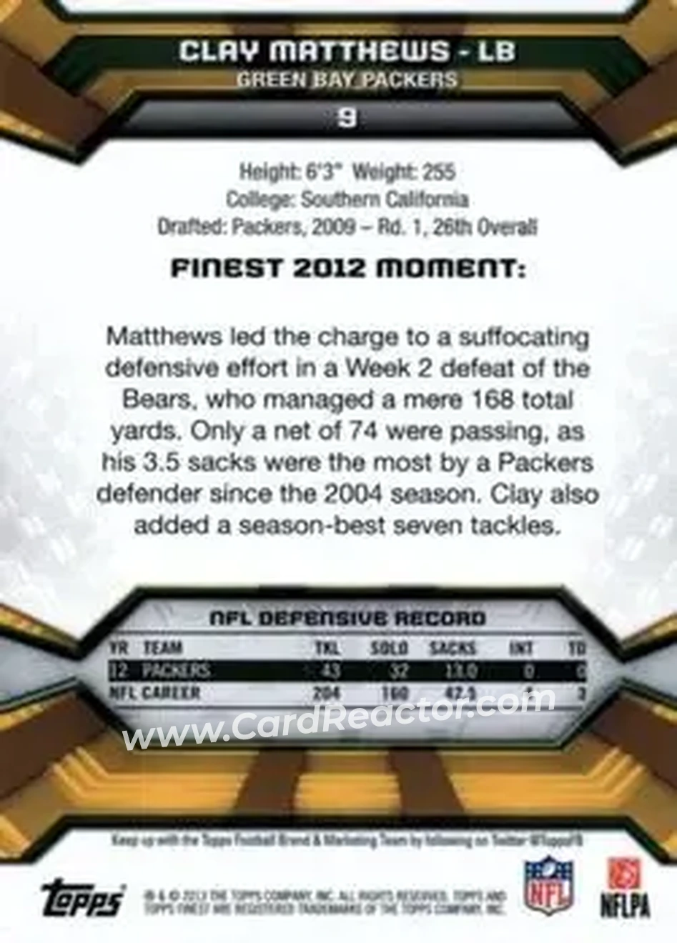 2013 Finest #9 - Clay Matthews - Green Bay Packers - Back