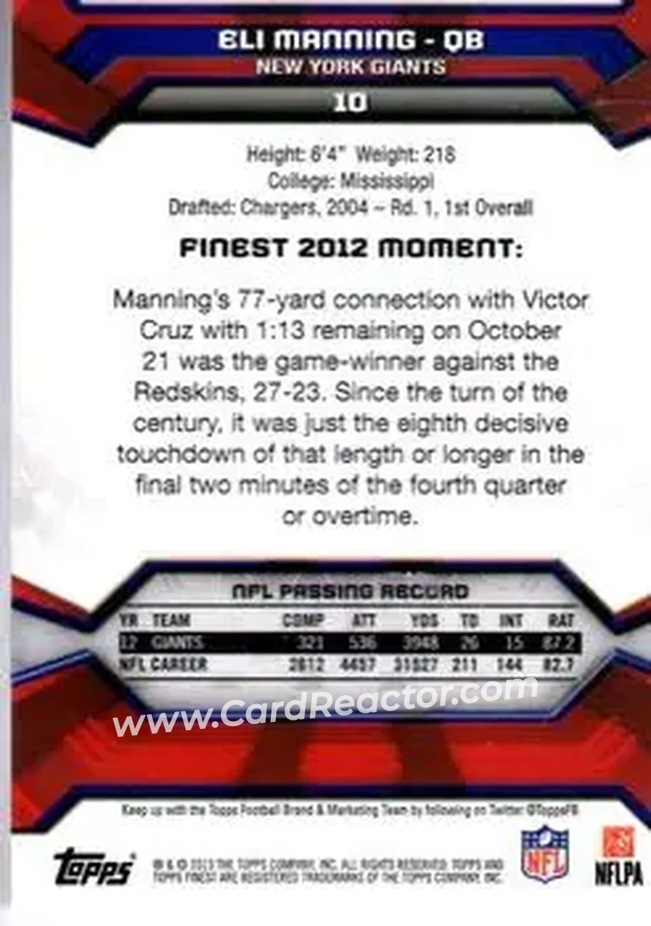2013 Finest #10 - Eli Manning - New York Giants - Back