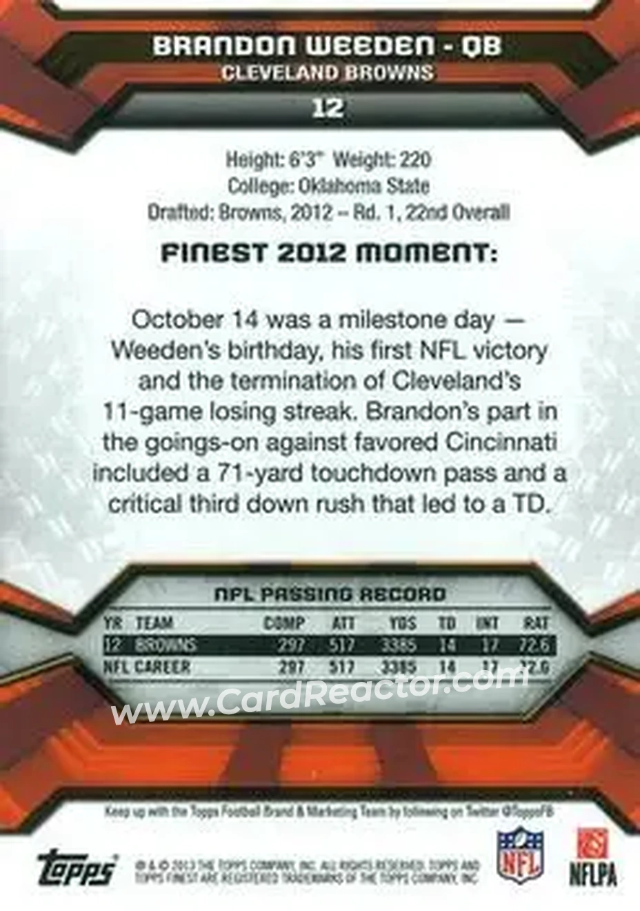 2013 Finest #12 - Brandon Weeden - Cleveland Browns - Back