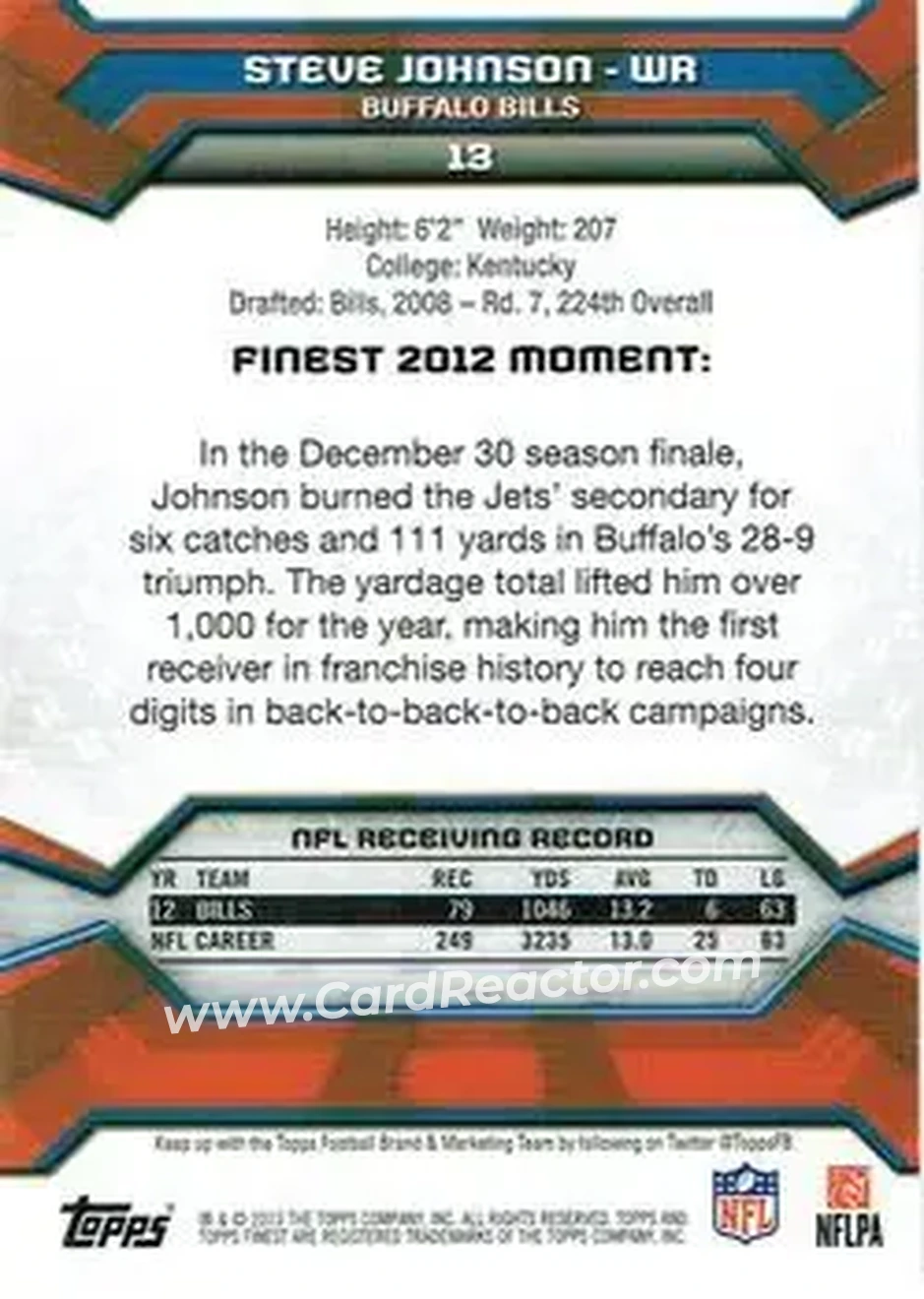 2013 Finest #13 - Steve Johnson - Buffalo Bills - Back