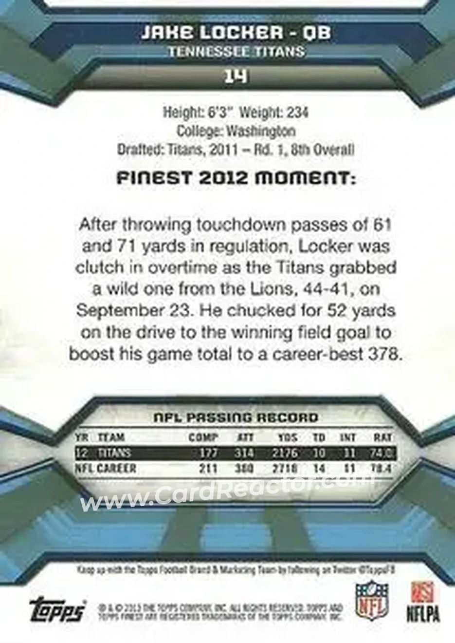 2013 Finest #14 - Jake Locker - Tennessee Titans - Back