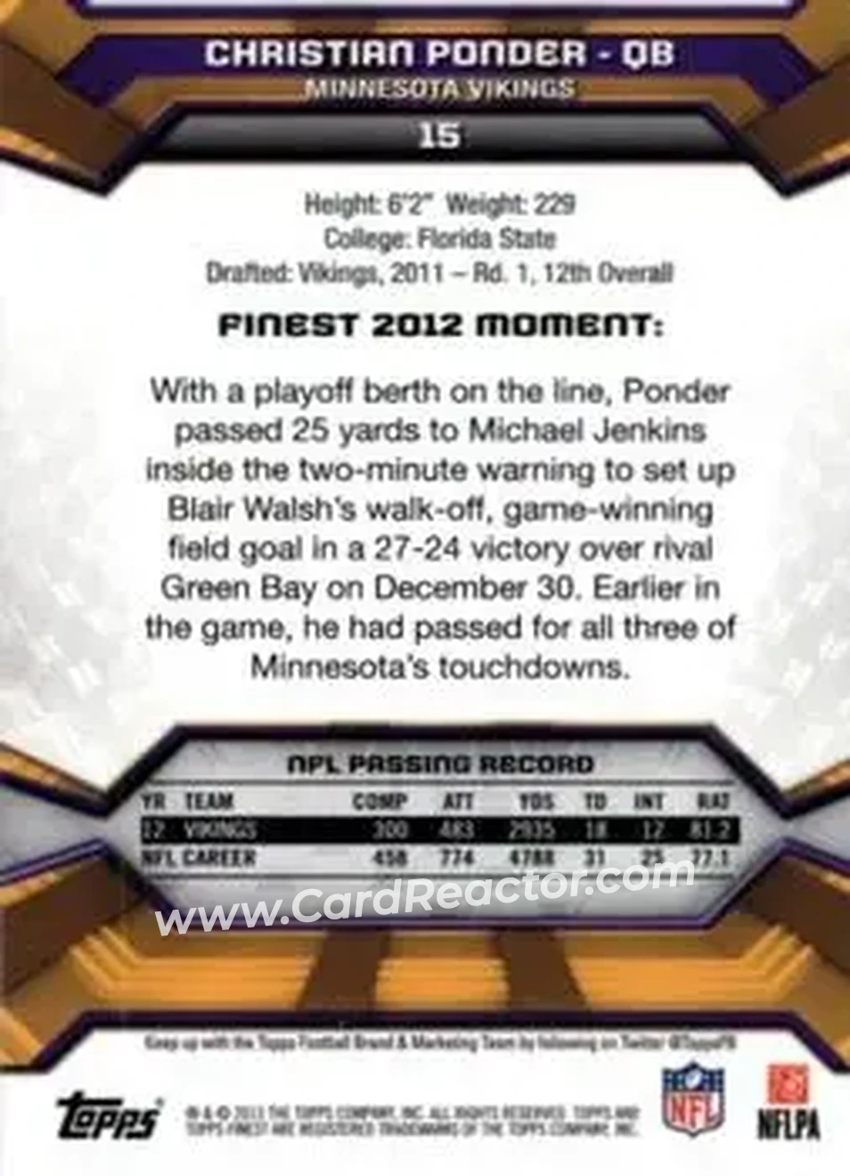 2013 Finest #15 - Christian Ponder - Minnesota Vikings - Back