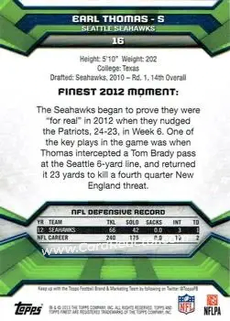 2013 Finest #16 - Earl Thomas III - Seattle Seahawks - Back