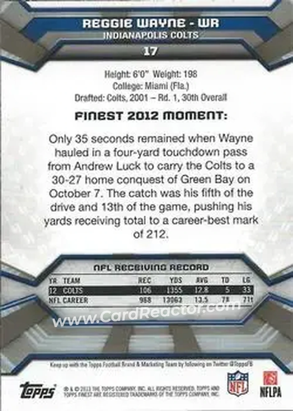 2013 Finest #17 - Reggie Wayne - Indianapolis Colts - Back