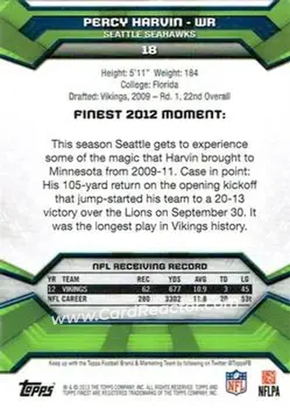 2013 Finest #18 - Percy Harvin - Seattle Seahawks - Back